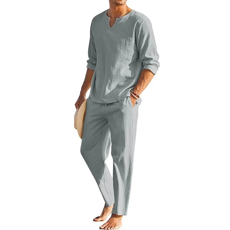Men's navy blue summer cotton linen dress loungewear set with long sleeve Henley shirt and elastic waist drawstring pants by Lamp Post.