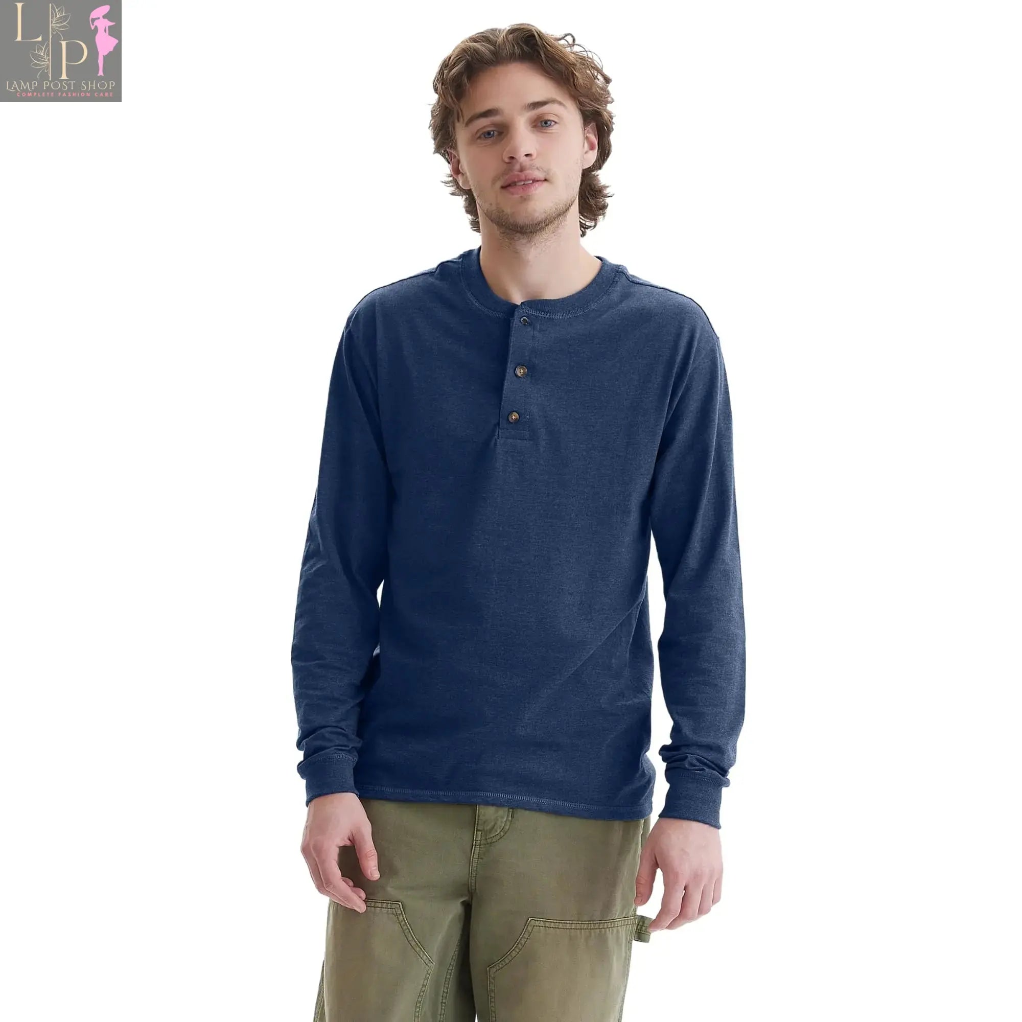 Men's navy heather cotton long sleeve dress T-shirt in X-Large size, branded Lamp Post, shown on a model.