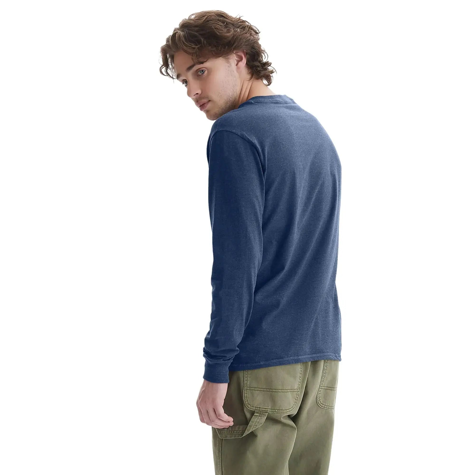 Men's navy Heather long sleeve cotton dress t-shirt in X-Large size, by Lamp Post, shown on a model.