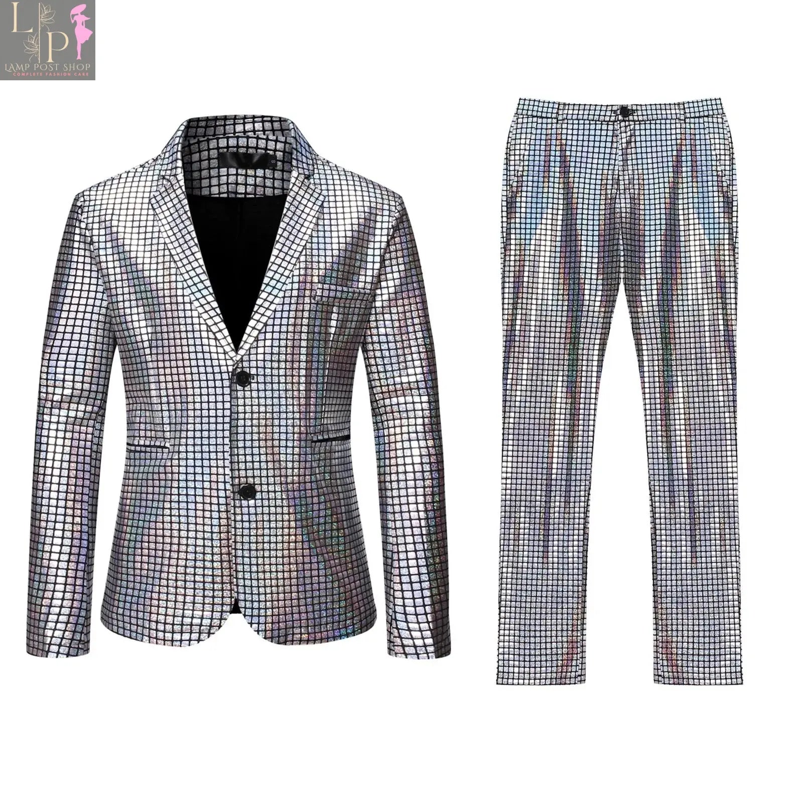 Men's purple two-piece suit by Lamp Post, single-breasted blazer and slim-fit pants for wedding parties and nightclub events.