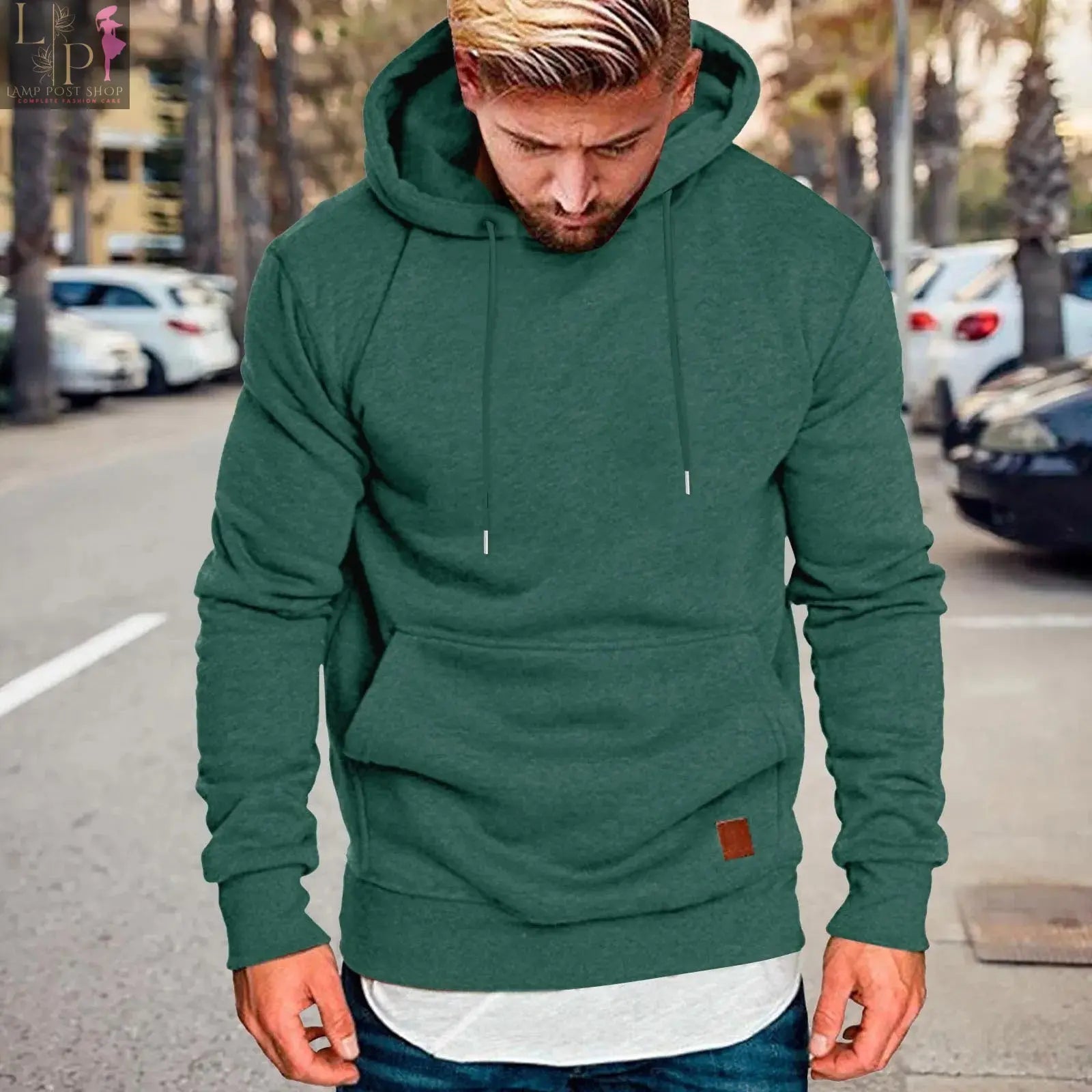 Red men's casual winter sweatshirt hoodie by Lamp Post, unisex streetwear dress, stylish men's winter fashion clothing.