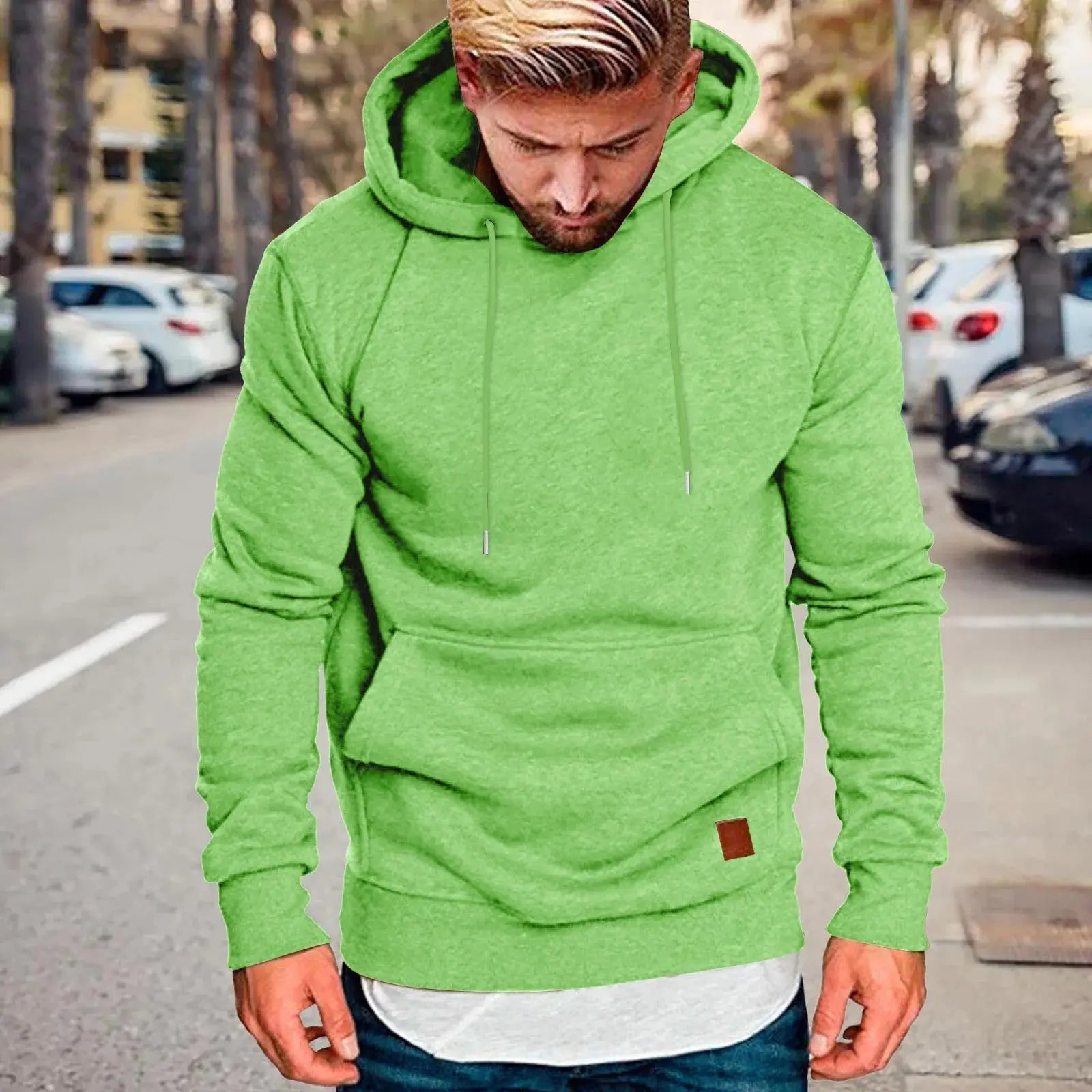 Red men's casual winter hoodie sweatshirt by Lamp Post, unisex streetwear for stylish winter fashion.