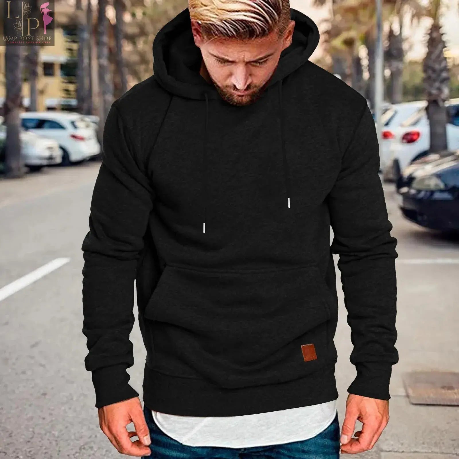 Red men's casual winter hoodie sweatshirt from Lamp Post, unisex streetwear style, comfortable men’s fashionable clothing.
