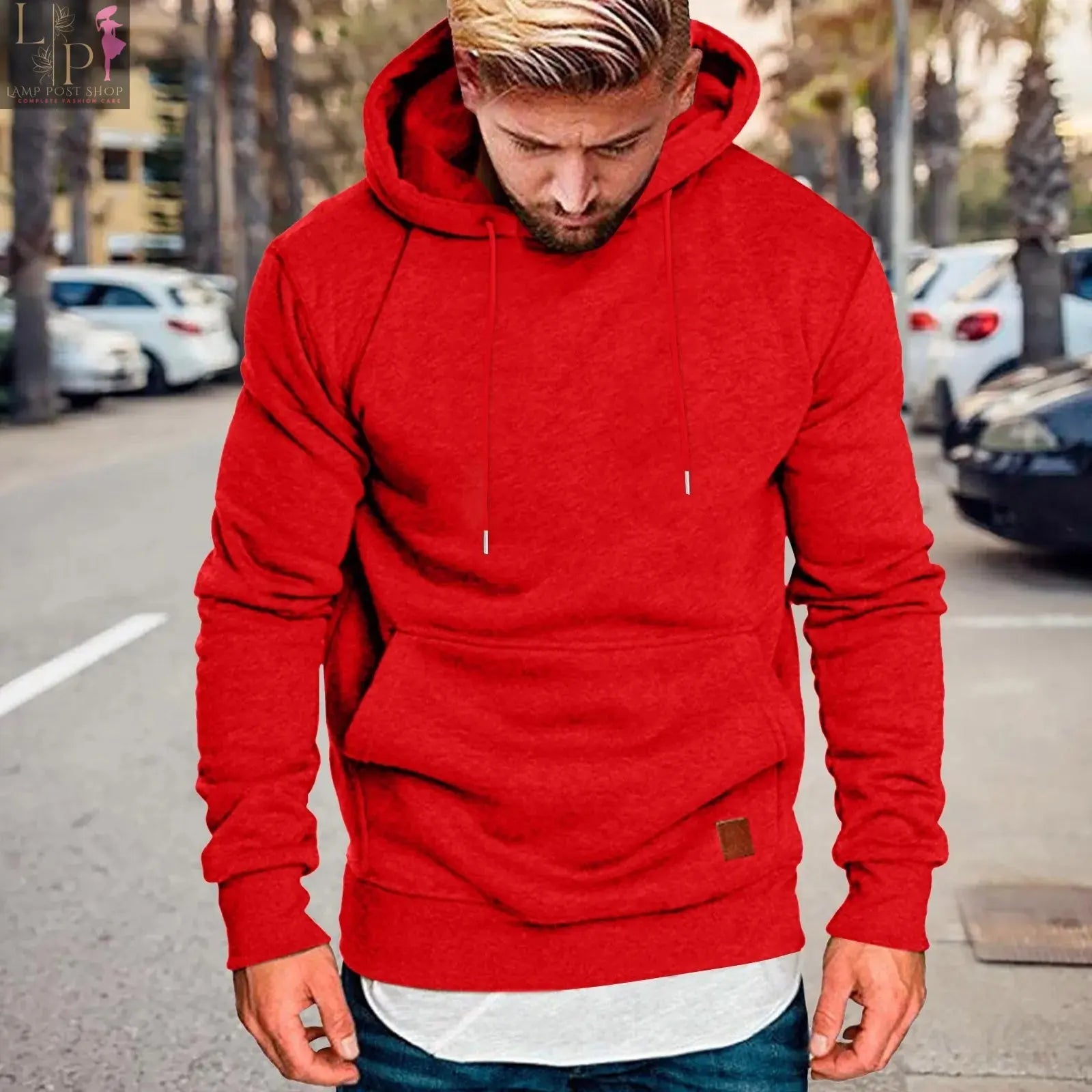 Red men's casual winter hoodie, unisex streetwear sweatshirt from Lamp Post, stylish men's fashionable winter clothing.