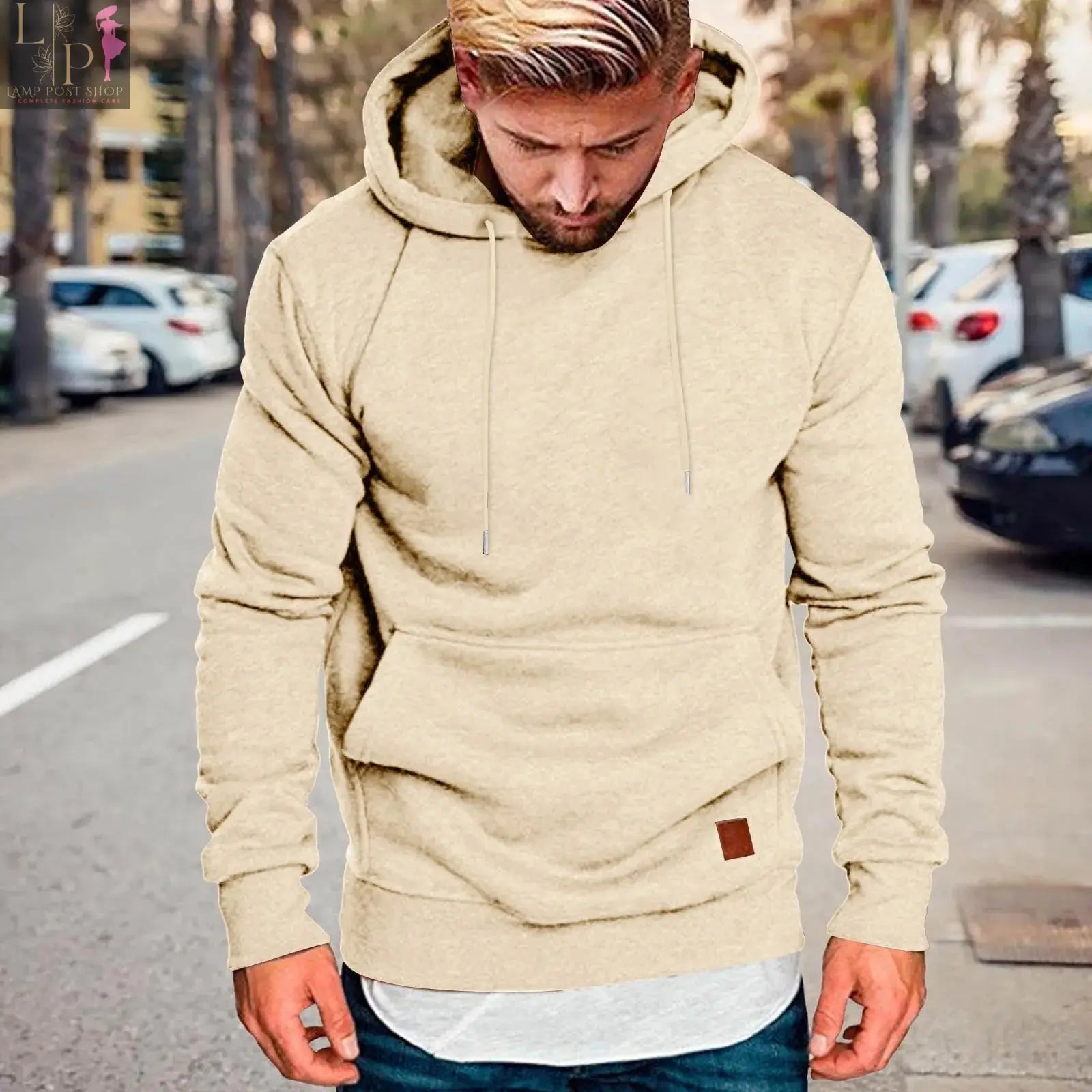 Red men's casual winter hoodie from Lamp Post, unisex streetwear sweatshirt, stylish men's fashion clothing for cold weather.