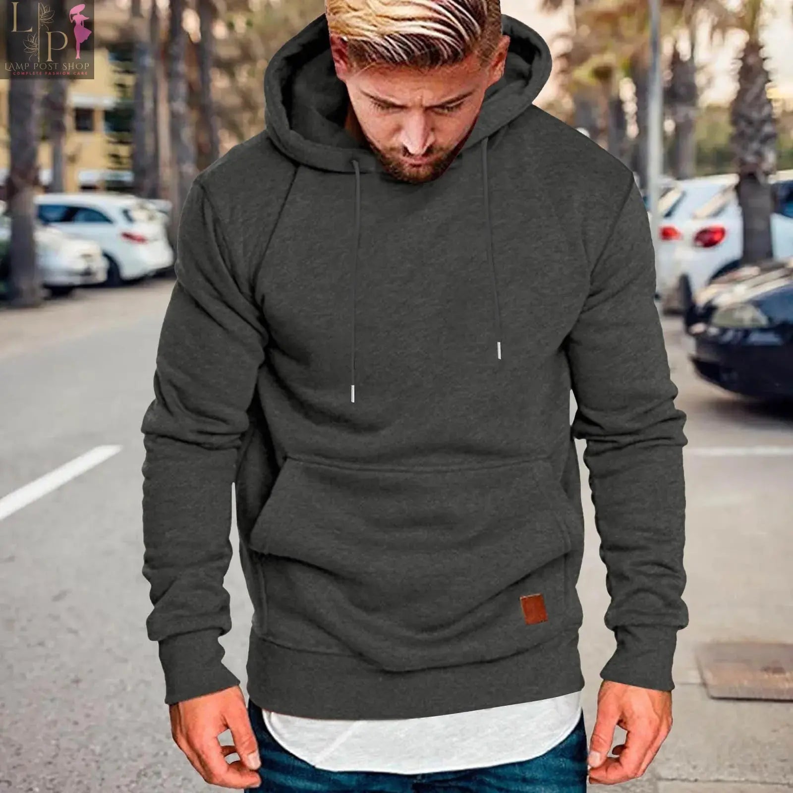 Red men's winter hoodie sweatshirt by Lamp Post, casual unisex streetwear for stylish men's fashion and comfortable winter wear.