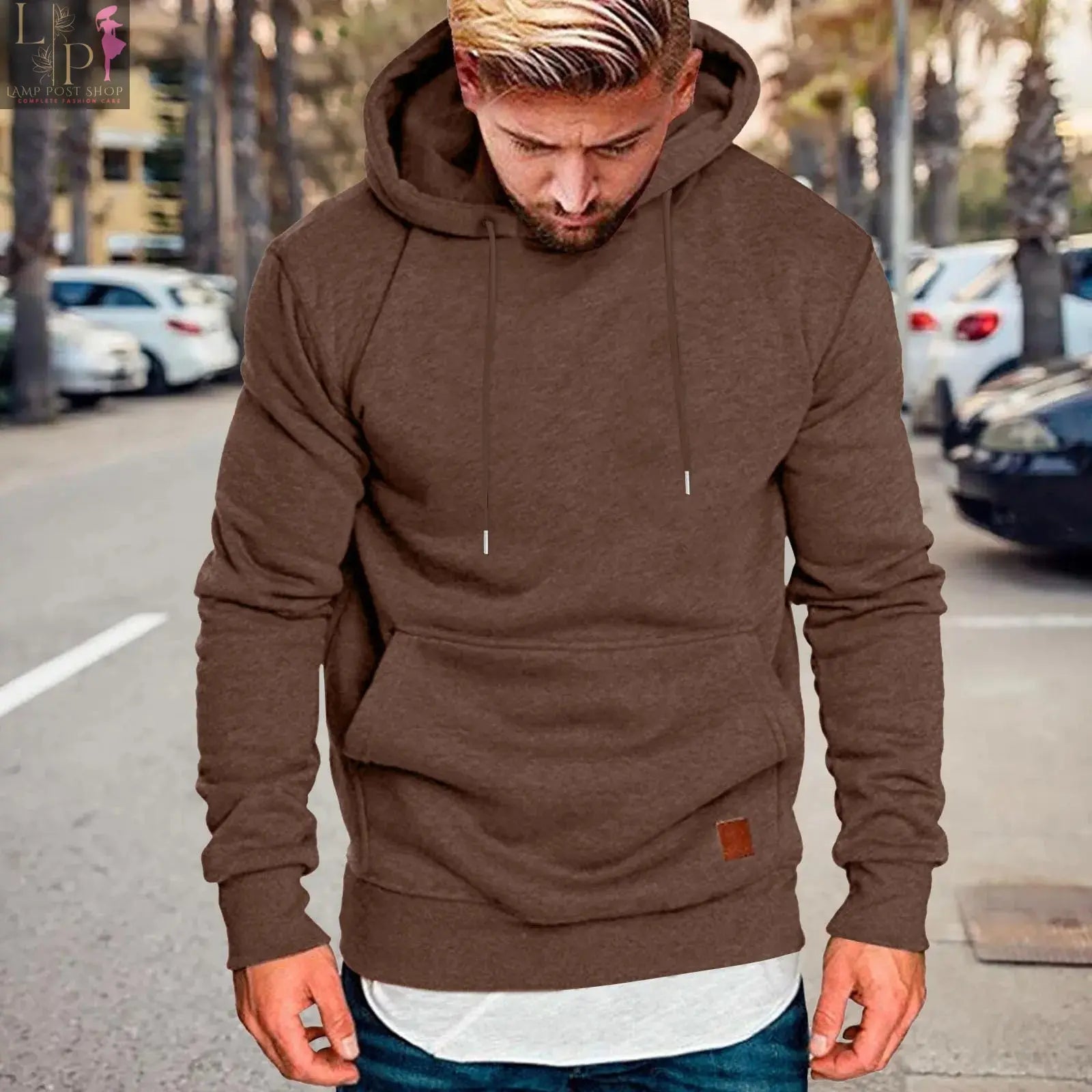 Red men's casual winter hoodie sweatshirt by Lamp Post, unisex streetwear style, comfortable men's fashionable clothing.