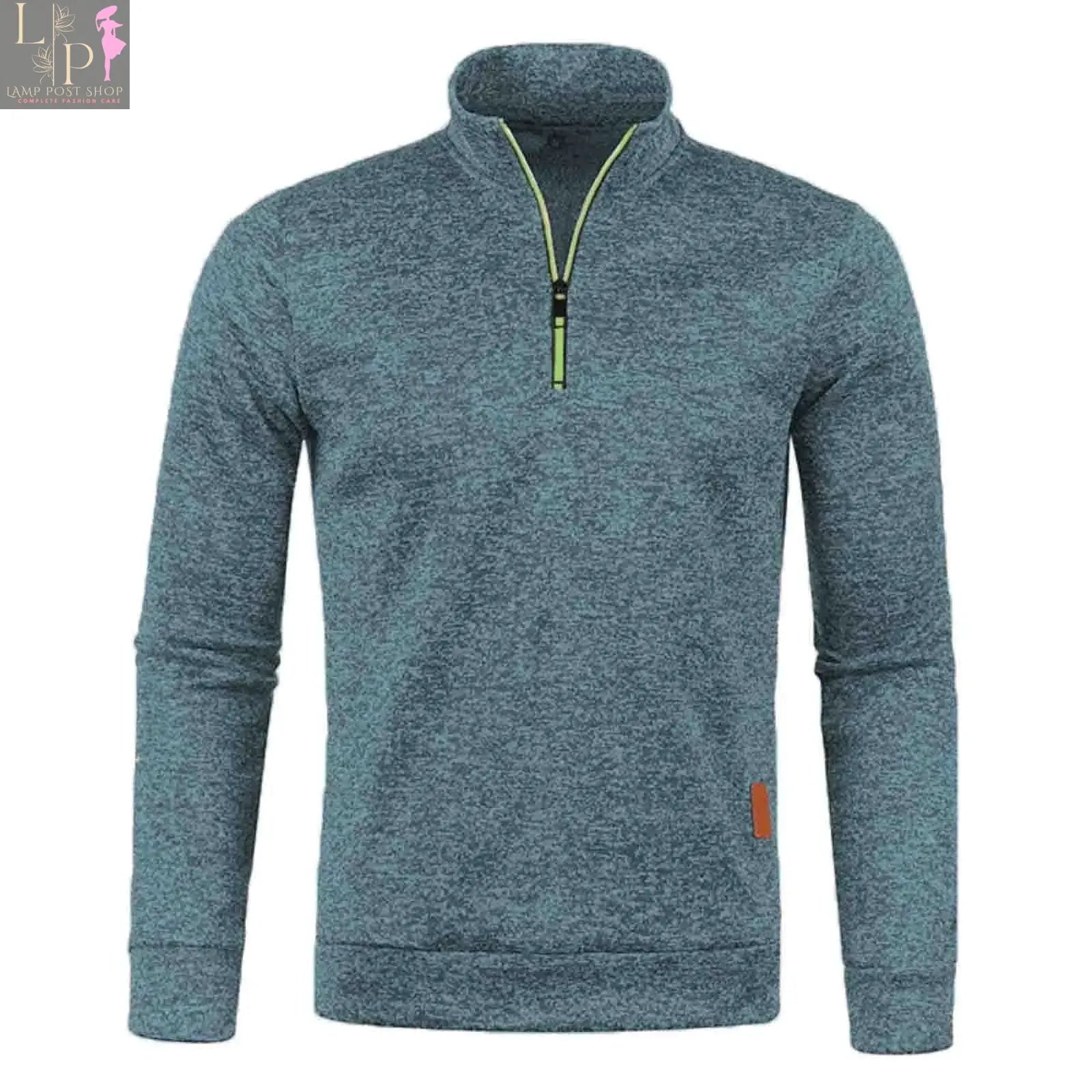 Men's sky blue knitted pullover top by Lamp Post, long sleeve, half zipper, stand collar, casual warm sweater in plus sizes.