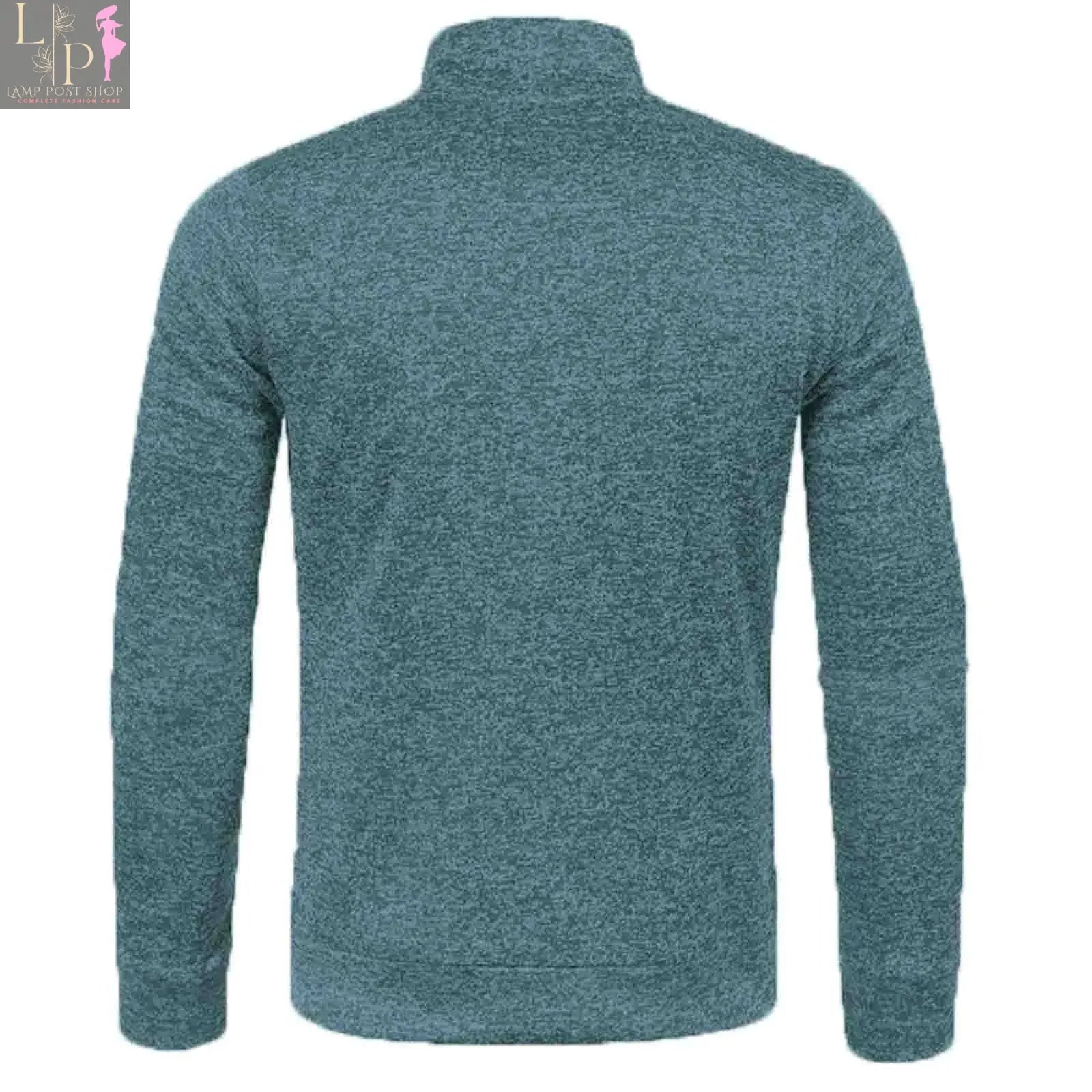 Sky blue men's knitted pullover top by Lamp Post with long sleeves, half zipper, stand collar, casual style, available in plus sizes.