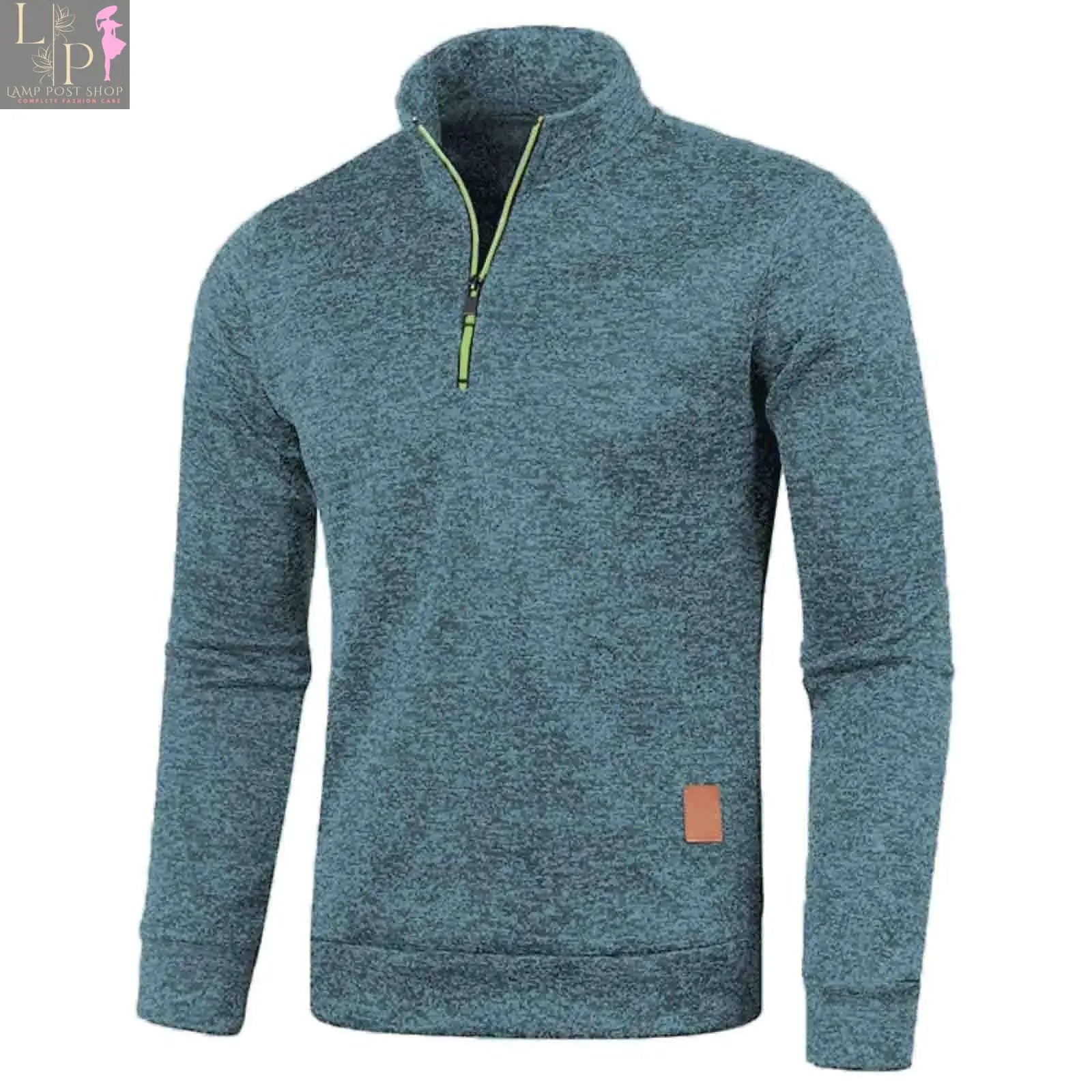 Men's sky blue knitted pullover top with long sleeves, half zipper, stand collar, casual style, from Lamp Post in plus sizes.