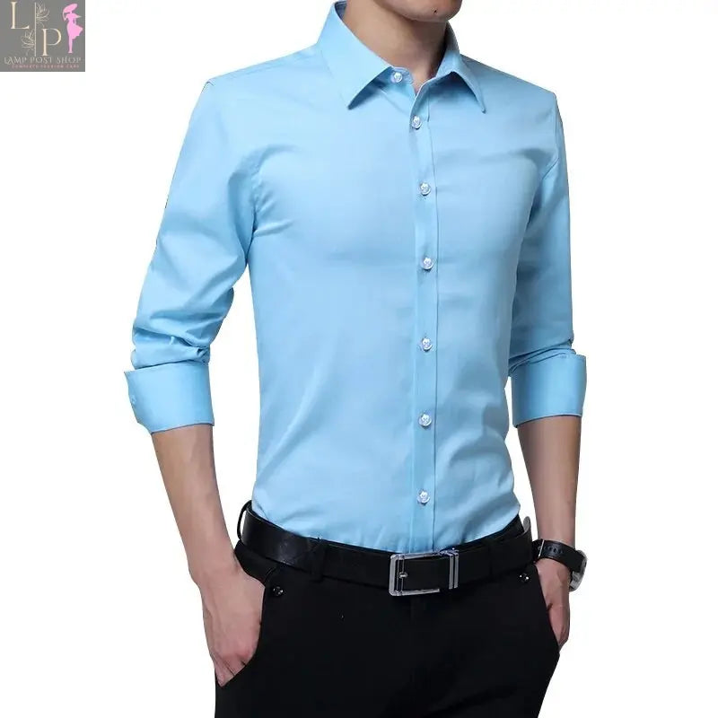 White men's casual dress shirt by Lamp Post, medium size, with a classic collar and button-down front.