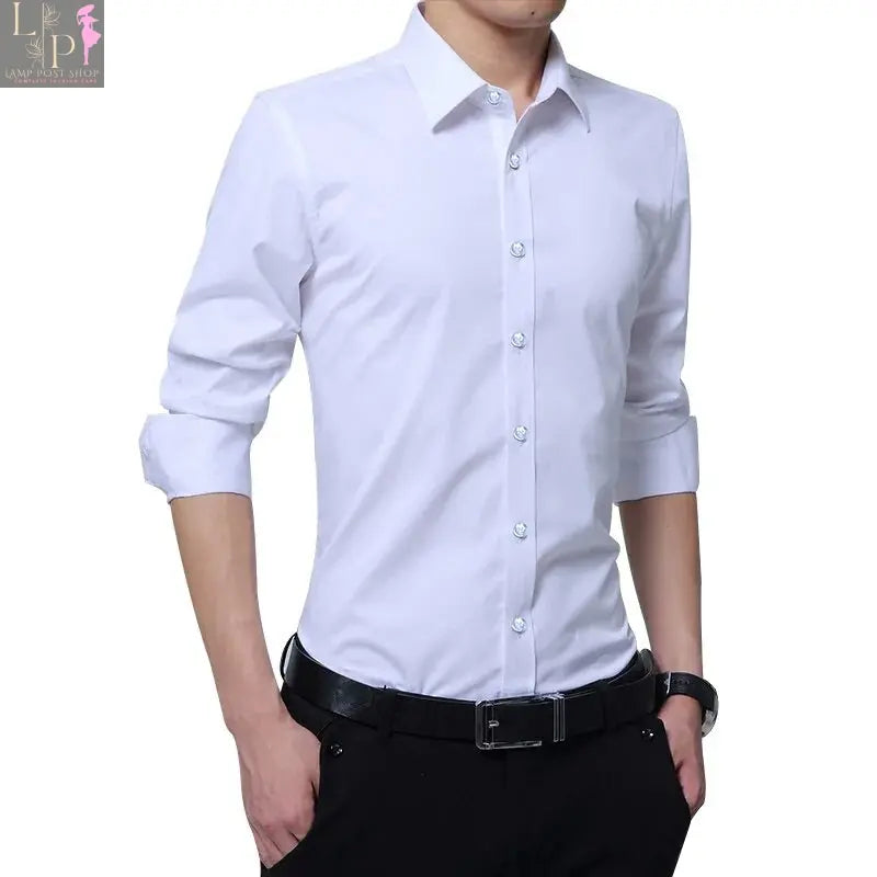 Men's white casual dress shirt by Lamp Post, medium size, with a classic collar and button-front design.