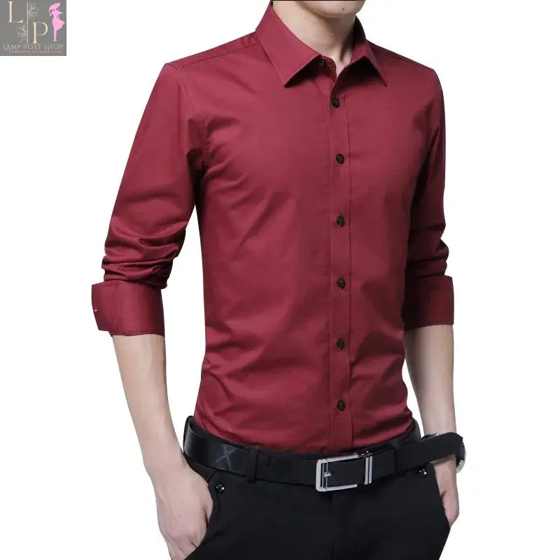 Men's white casual dress shirt by Lamp Post, medium size, displayed on a hanger, suitable for smart-casual or office wear.