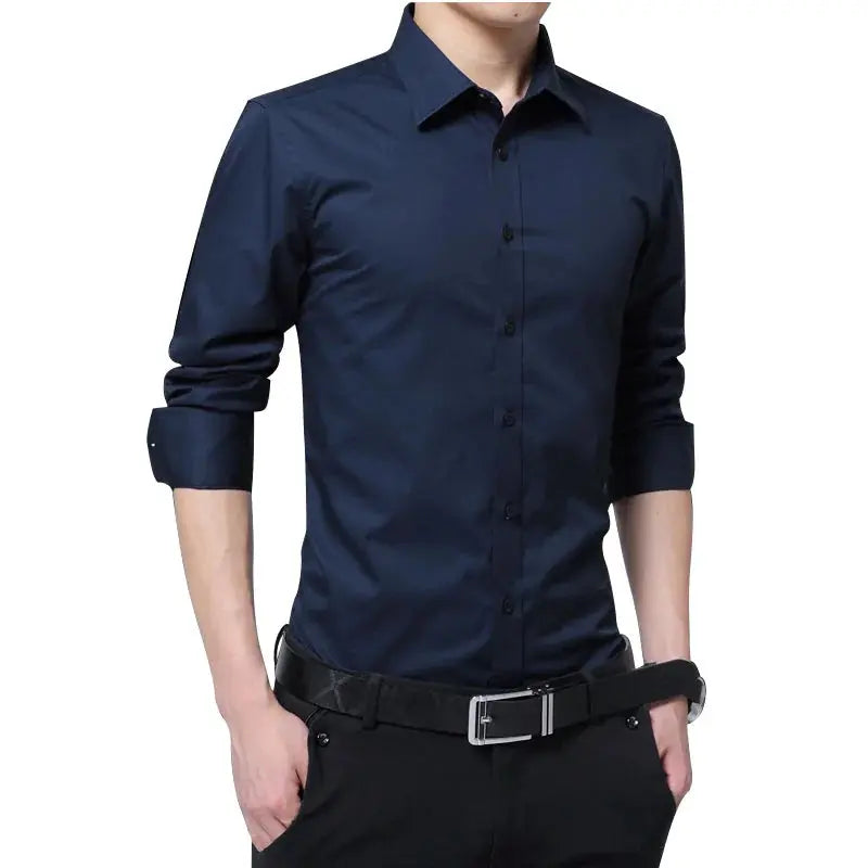 Men's white casual dress shirt by Lamp Post, showing a medium-sized men's button-up shirt with a classic collar and long sleeves.