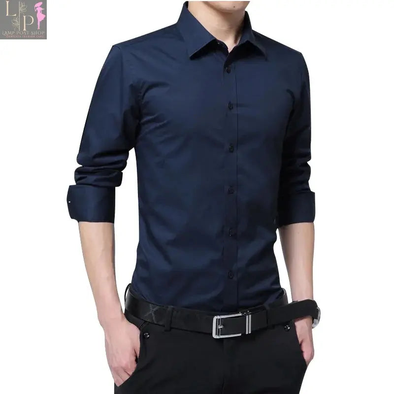 White men's casual dress shirt by Lamp Post, medium size, featuring a classic fit and button-down style.