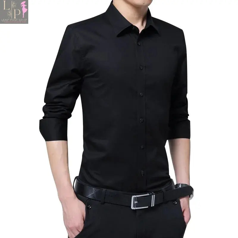 White men's casual dress shirt by Lamp Post, medium size, with a classic collar and button-down front, suitable for everyday wear.