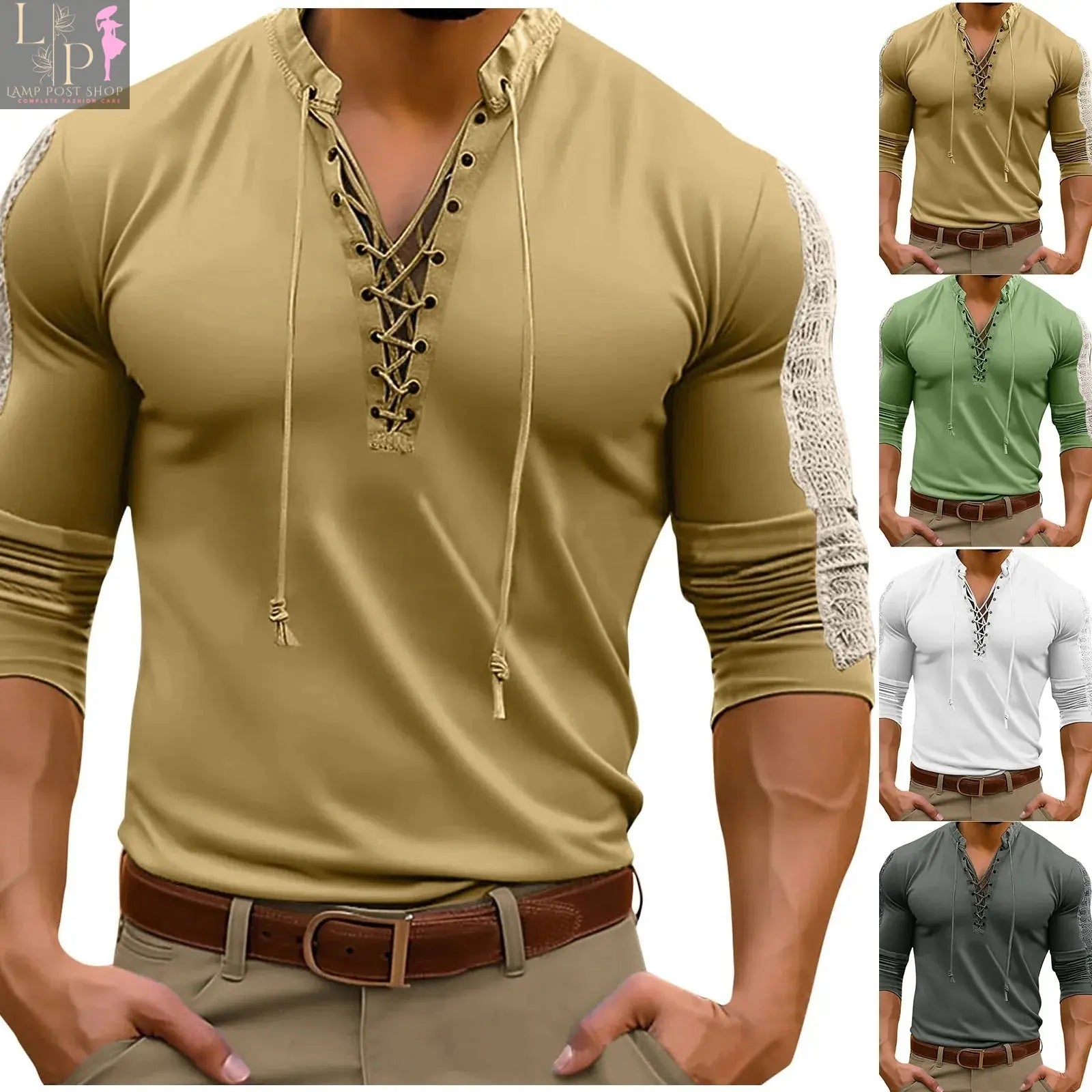Men's white casual button-up pullover with long sleeves, stylish men's dress T-shirt by Lamp Post, perfect for everyday fashion.