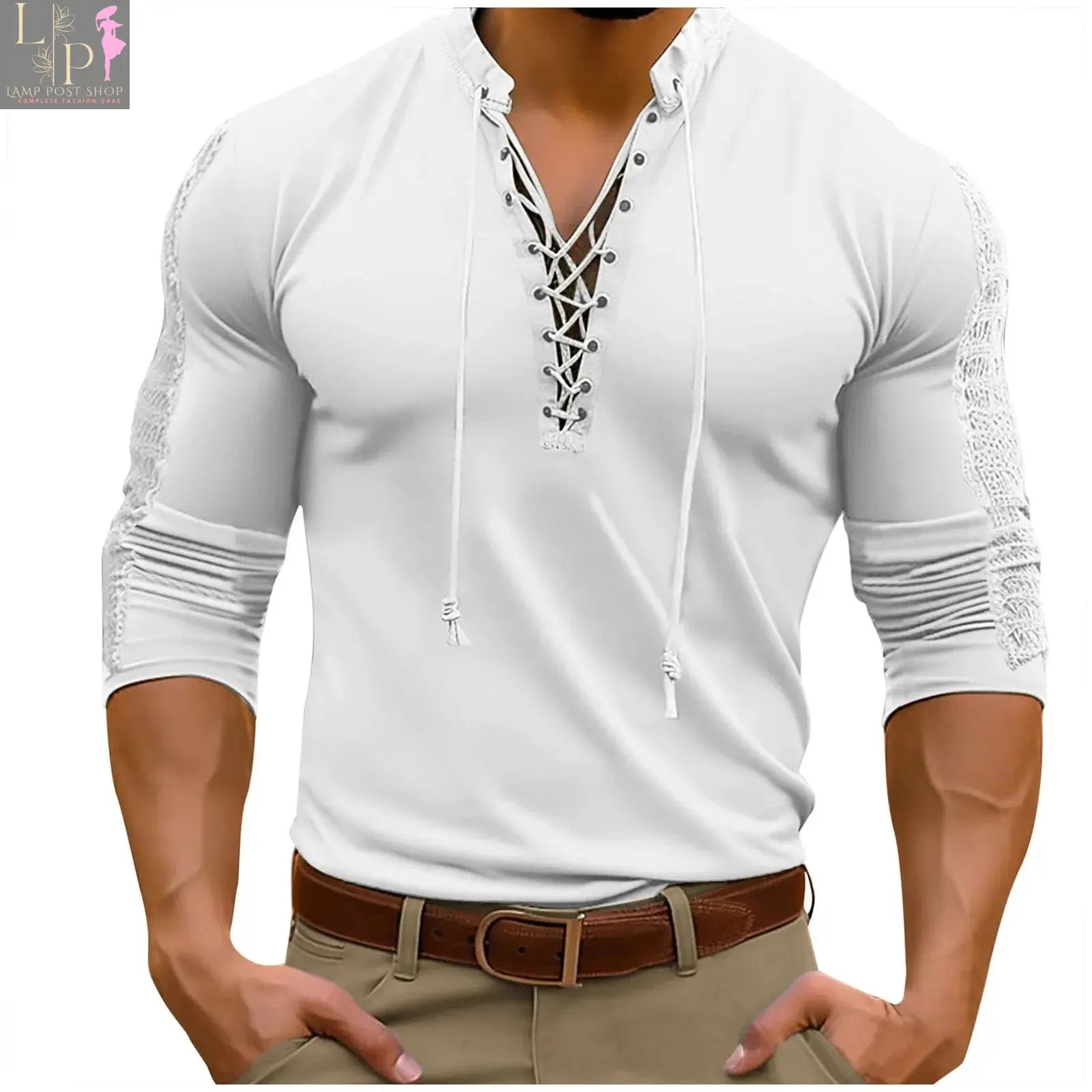 White men's casual button-up pullover with long sleeves, stylish dress shirt from Lamp Post, suitable for men's fashion.
