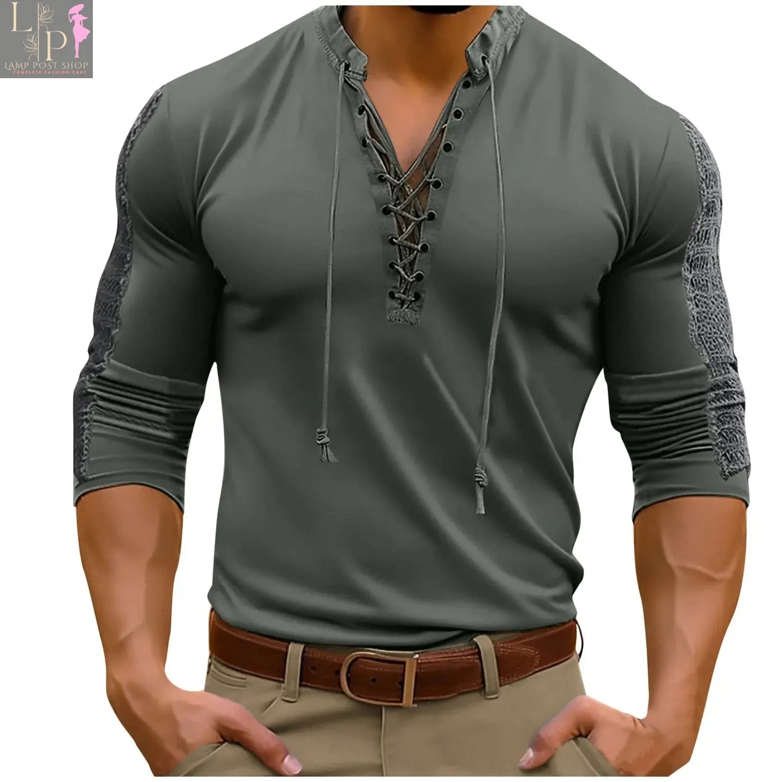 White men's casual button-up pullover with long sleeves, stylish dress shirt by Lamp Post, suitable for everyday fashion.