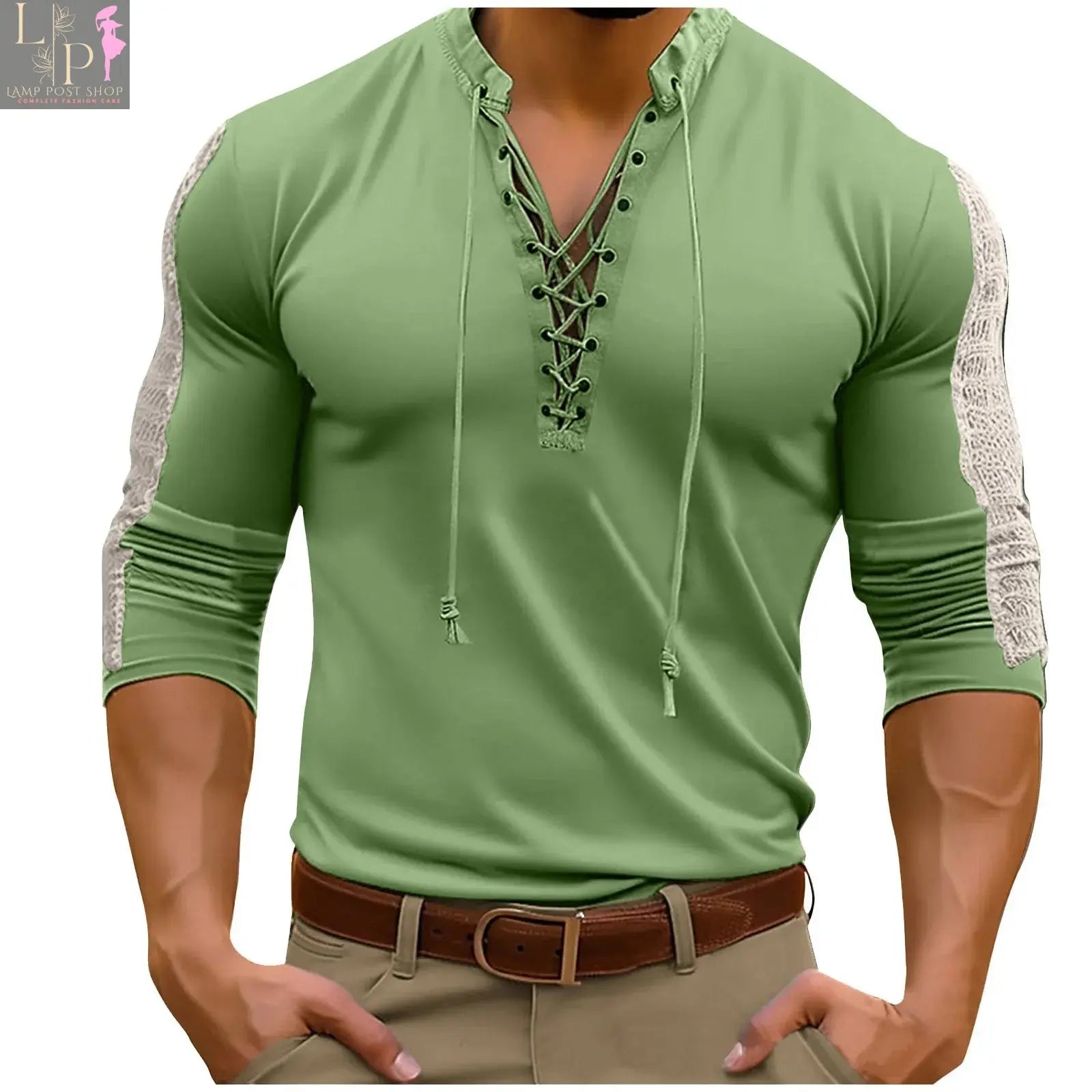 White men's casual button-up pullover with long sleeves, from Lamp Post, showcasing a stylish dress shirt for men's fashion.