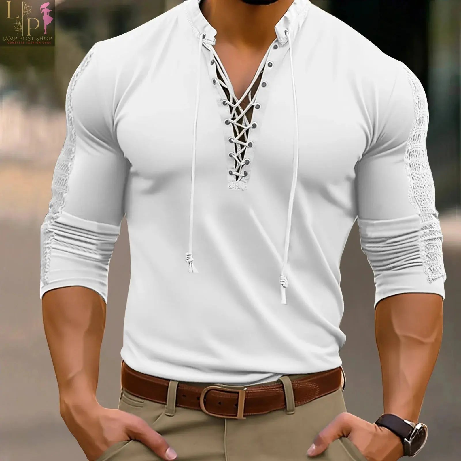 White men's casual button-up pullover with long sleeves, from Lamp Post, styled as a dress shirt for men.