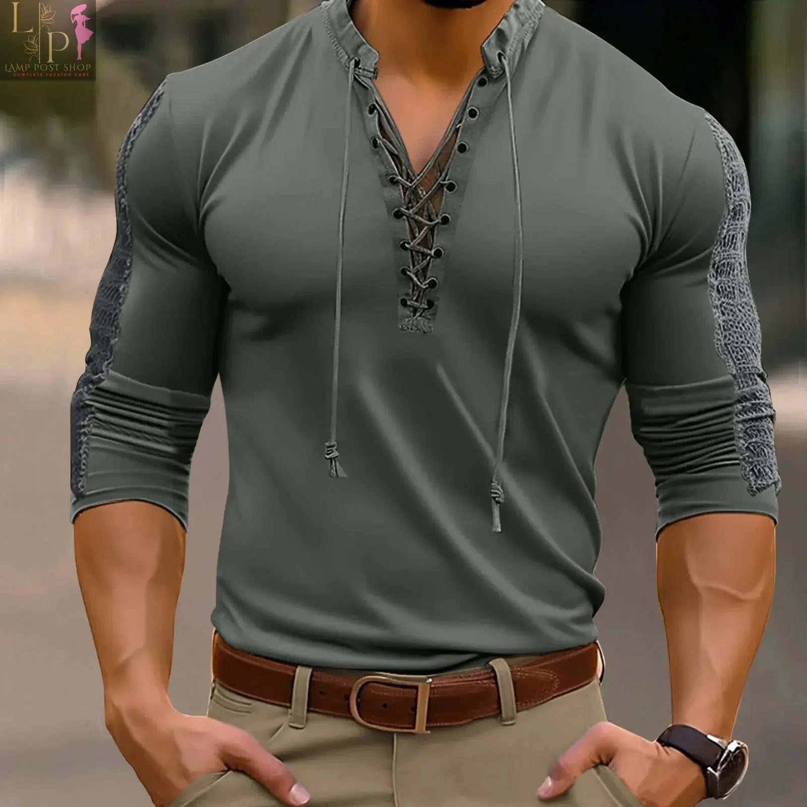 Men's white casual button-up pullover with long sleeves, Lamp Post men's dress shirt for everyday fashion.