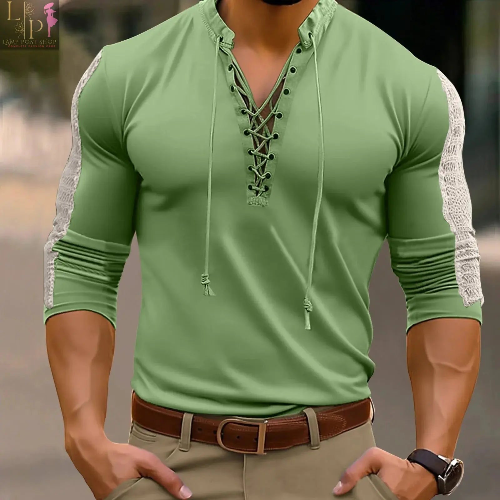 White men's casual button-up pullover with long sleeves, stylish dress shirt by Lamp Post for men's fashion.