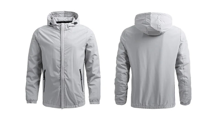 Black Lamp Post men's outdoor waterproof jacket with a hood, featuring a zipper front and adjustable cuffs for outdoor protection.