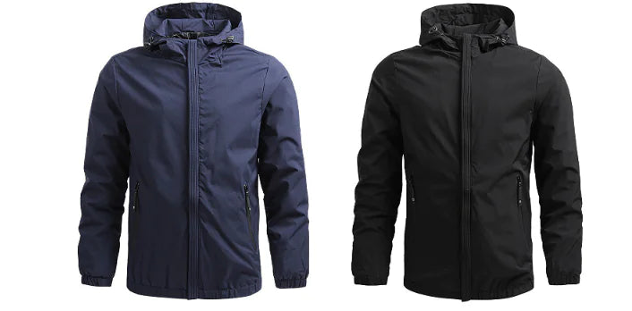 Black Lamp Post men's outdoor waterproof jacket displayed on a hanger, showcasing its durable material and adjustable hood.