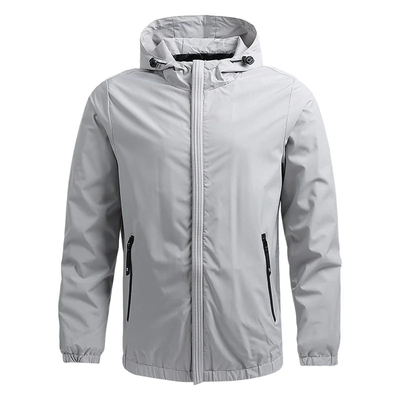 Black Lamp Post men's outdoor waterproof jacket displayed on a hanger, showcasing its durable fabric and stylish design.