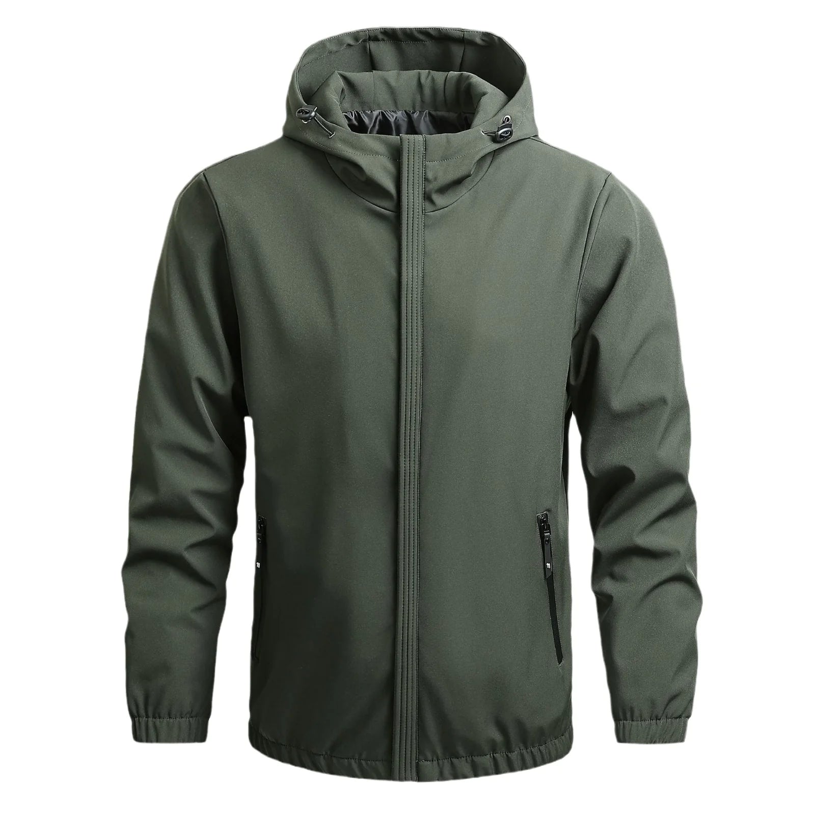Black Lamp Post men's outdoor waterproof jacket with hood, lightweight design, suitable for rain and outdoor activities.