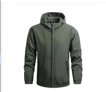 Black Lamp Post men's outdoor waterproof jacket with a hood, featuring durable fabric and a front zipper for outdoor activities.