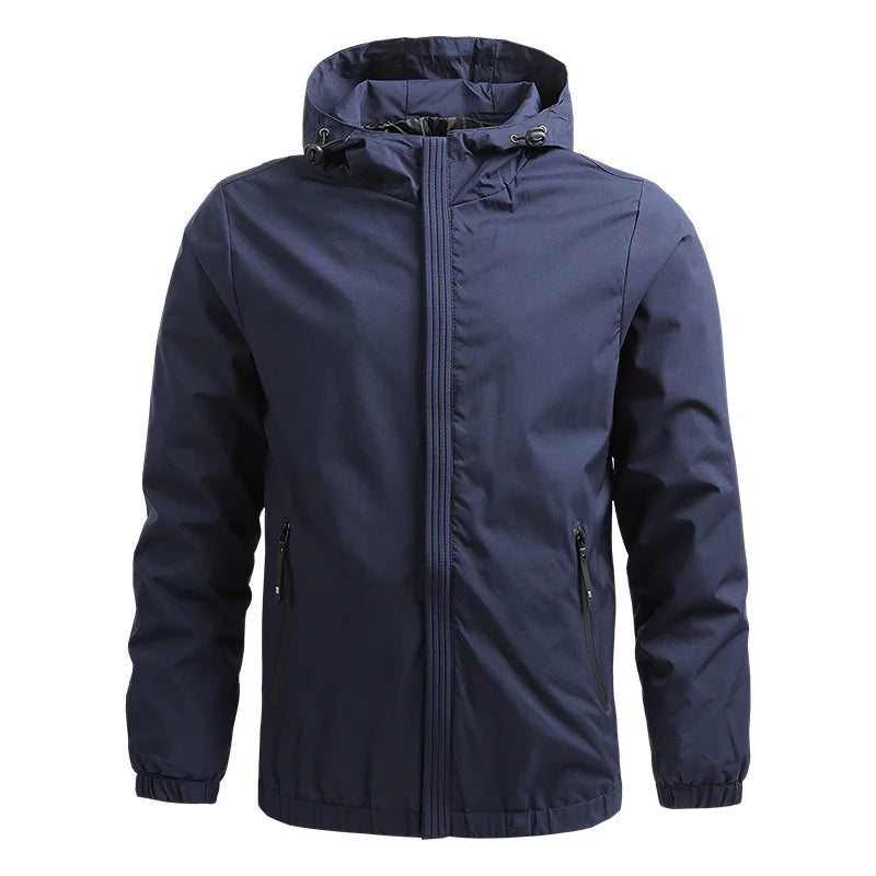 Black men's waterproof outdoor jacket by Lamp Post, featuring a hood and durable fabric for weather protection.