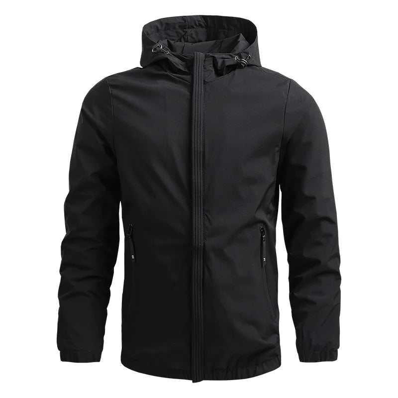 Black Lamp Post men's waterproof outdoor jacket, lightweight and designed for outdoor activities, with a hood and zip closure.