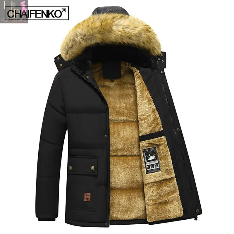 Men's black winter coat with hood by Lamp Post, men's jacket designed for cold weather with a cozy hood.