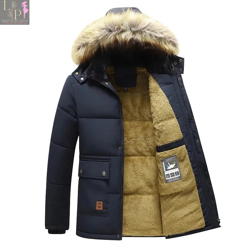 Men's black winter jacket with hood by Lamp Post, featuring a warm, insulated design perfect for cold weather.