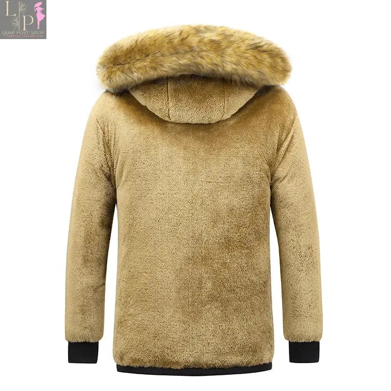 Black men's winter jacket with hood by Lamp Post, featuring a warm, durable design perfect for cold weather.