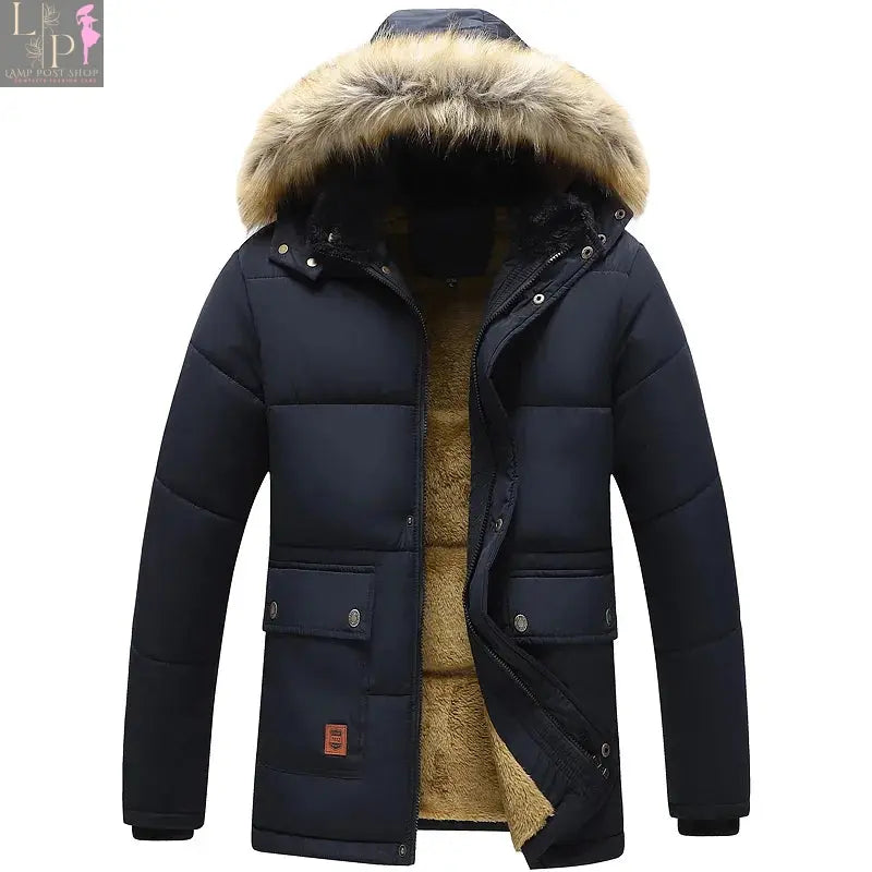 Black men's winter jacket with hood by Lamp Post, featuring a cozy design and front zipper for cold weather warmth.