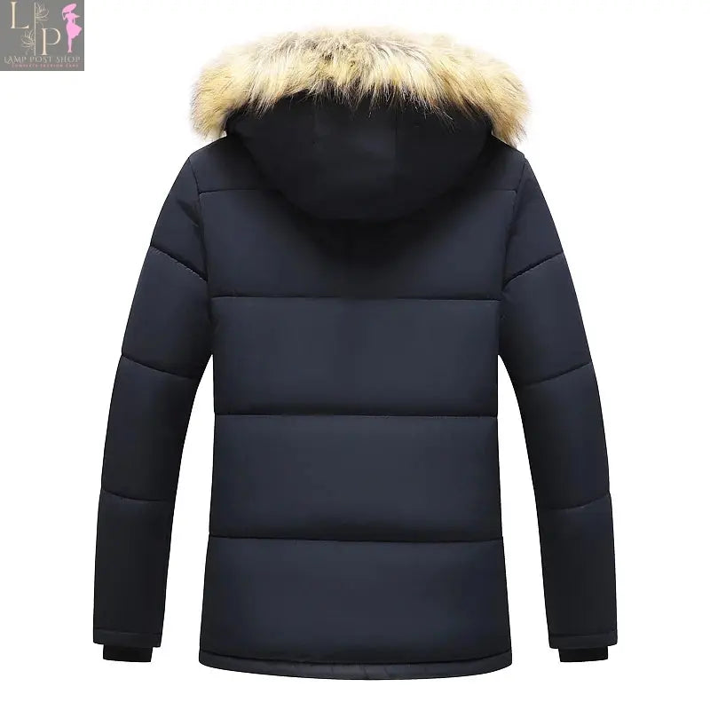 Men's black winter jacket with hood by Lamp Post, featuring a warm, insulated design and a stylish, casual fit.