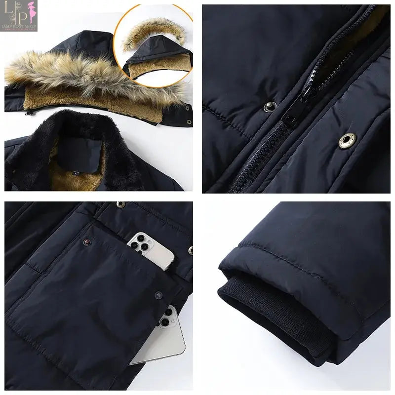 Black men's winter jacket with hood by Lamp Post, featuring a warm, insulated design suited for cold weather.