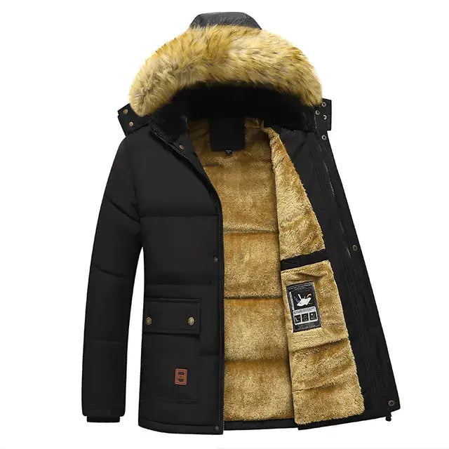 Black men's winter coat with hood by Lamp Post, featuring a stylish design and warm insulation for cold weather.