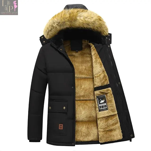 Black men's winter jacket with hood by Lamp Post, featuring a stylish design and warm insulation for cold weather.