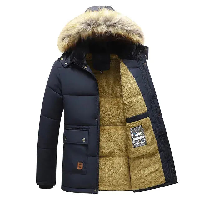 Men's black winter jacket with hood by Lamp Post, featuring a warm, insulated design perfect for cold weather.