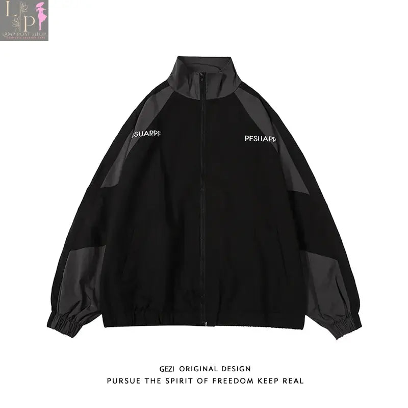 Black men's jacket by Lamp Post, medium size, stylish outerwear suitable for 48-55kg weight range, shown on a hanger.