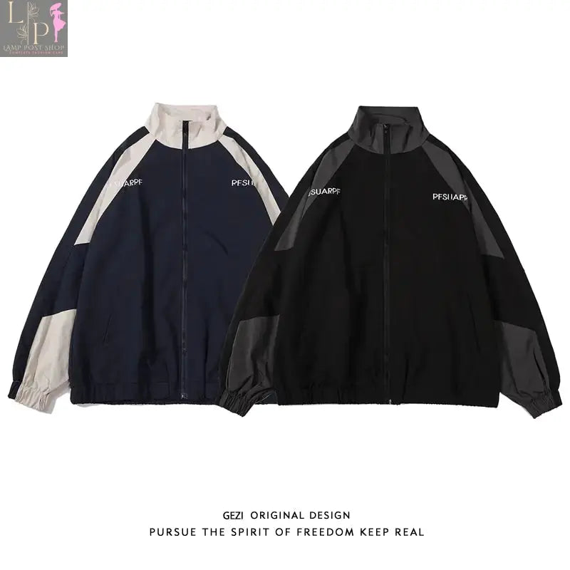 Black men's jacket by Lamp Post, medium size, suitable for 48-55kg, shown on a hanger.