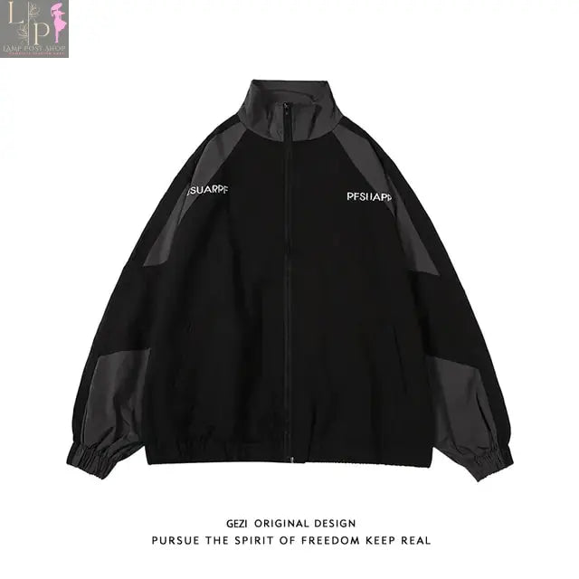 Black men's jacket by Lamp Post, medium size, suitable for 48-55kg, shown on a hanger with a zipper and collar.