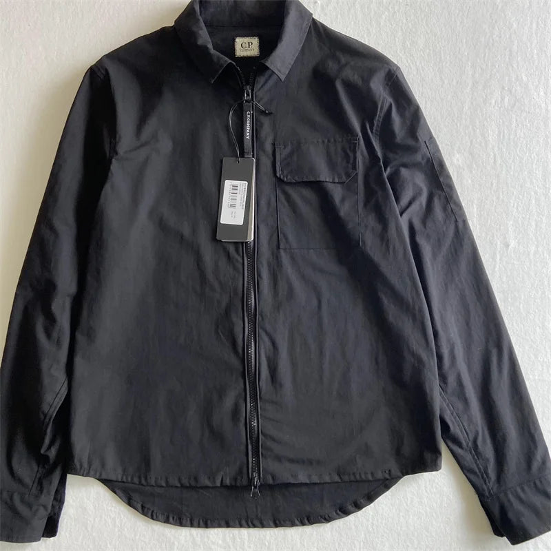 Black monochrome cotton men's jacket by Lamp Post, featuring a casual fit with front pockets and a classic collar.