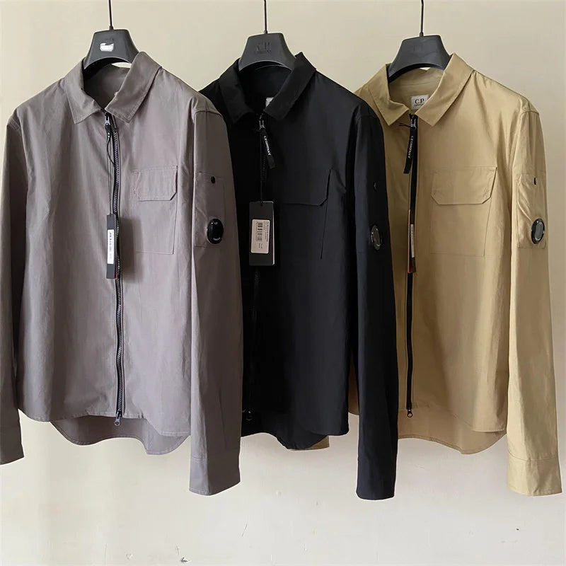 Black monochrome cotton men's jacket by Lamp Post, casual style with a relaxed fit and classic collar.