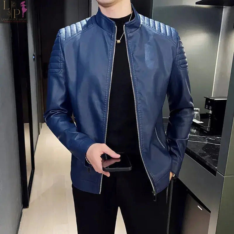 Black men's motorcycle leather jacket by Lamp Post, featuring a fitted design and classic style, shown on a mannequin.