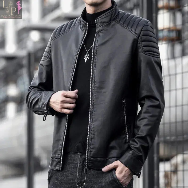 Black men's motorcycle leather jacket by Lamp Post, featuring a classic design with sturdy stitching and a fitted style.